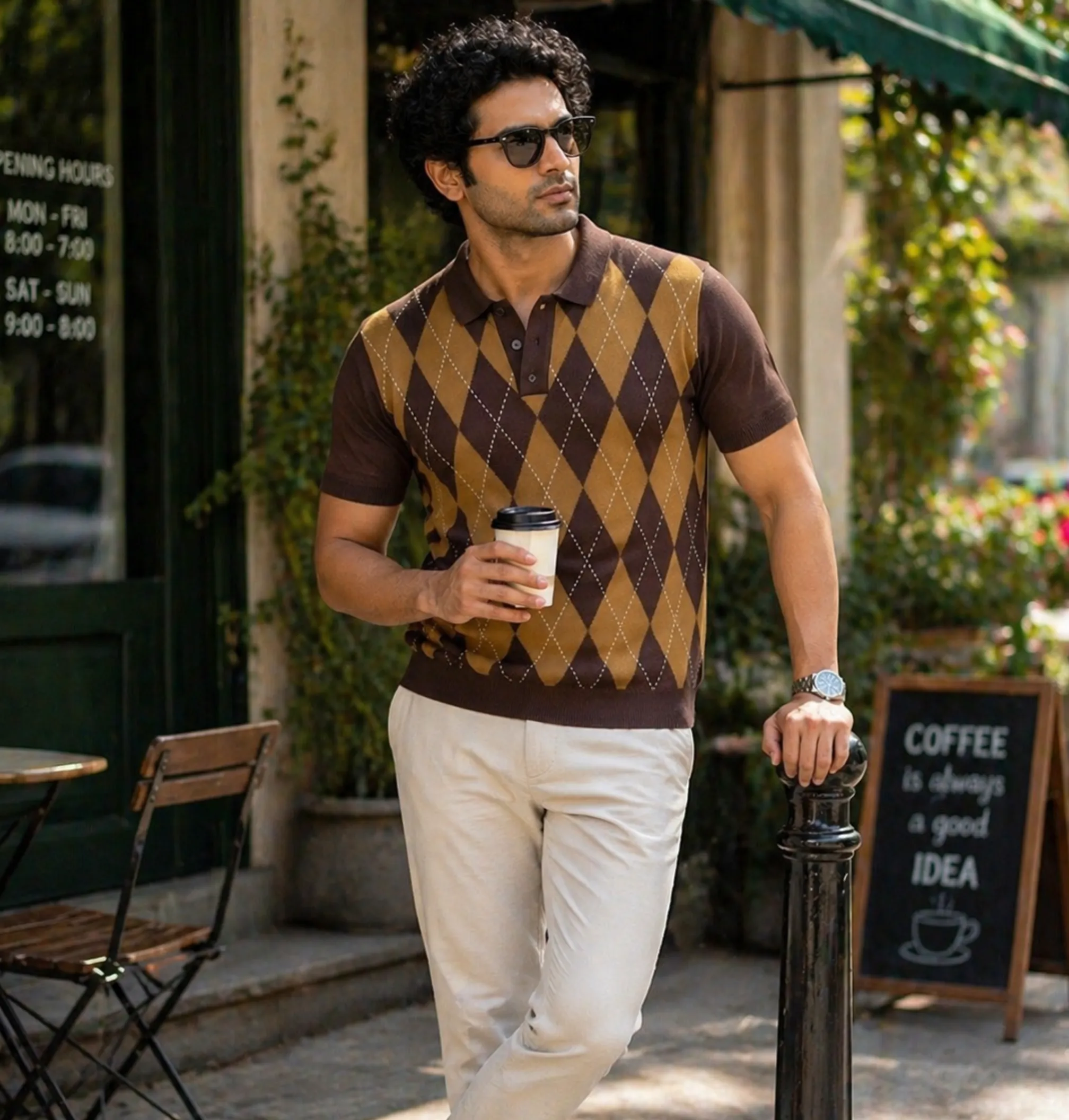 Argyle Polo · Tan