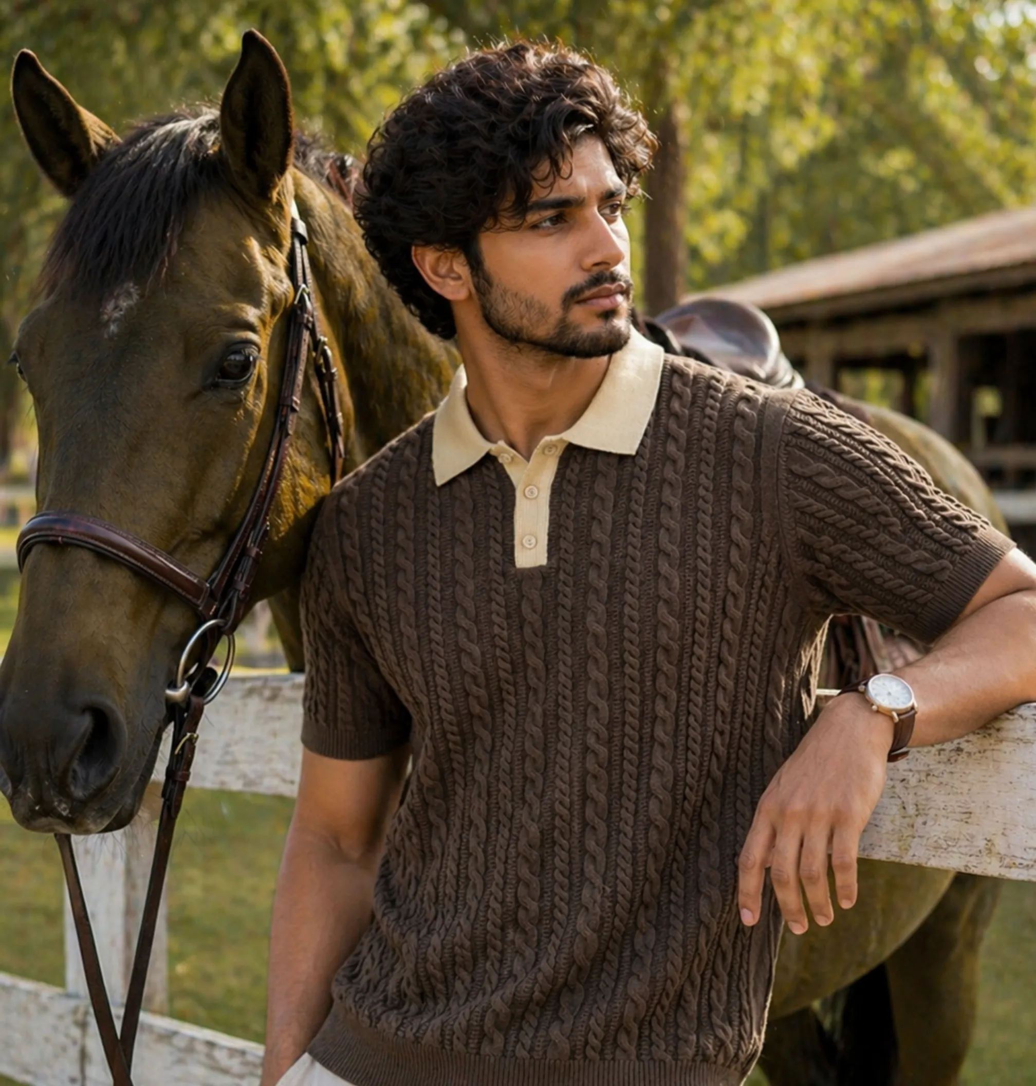 Cable Knit Polo · Brown