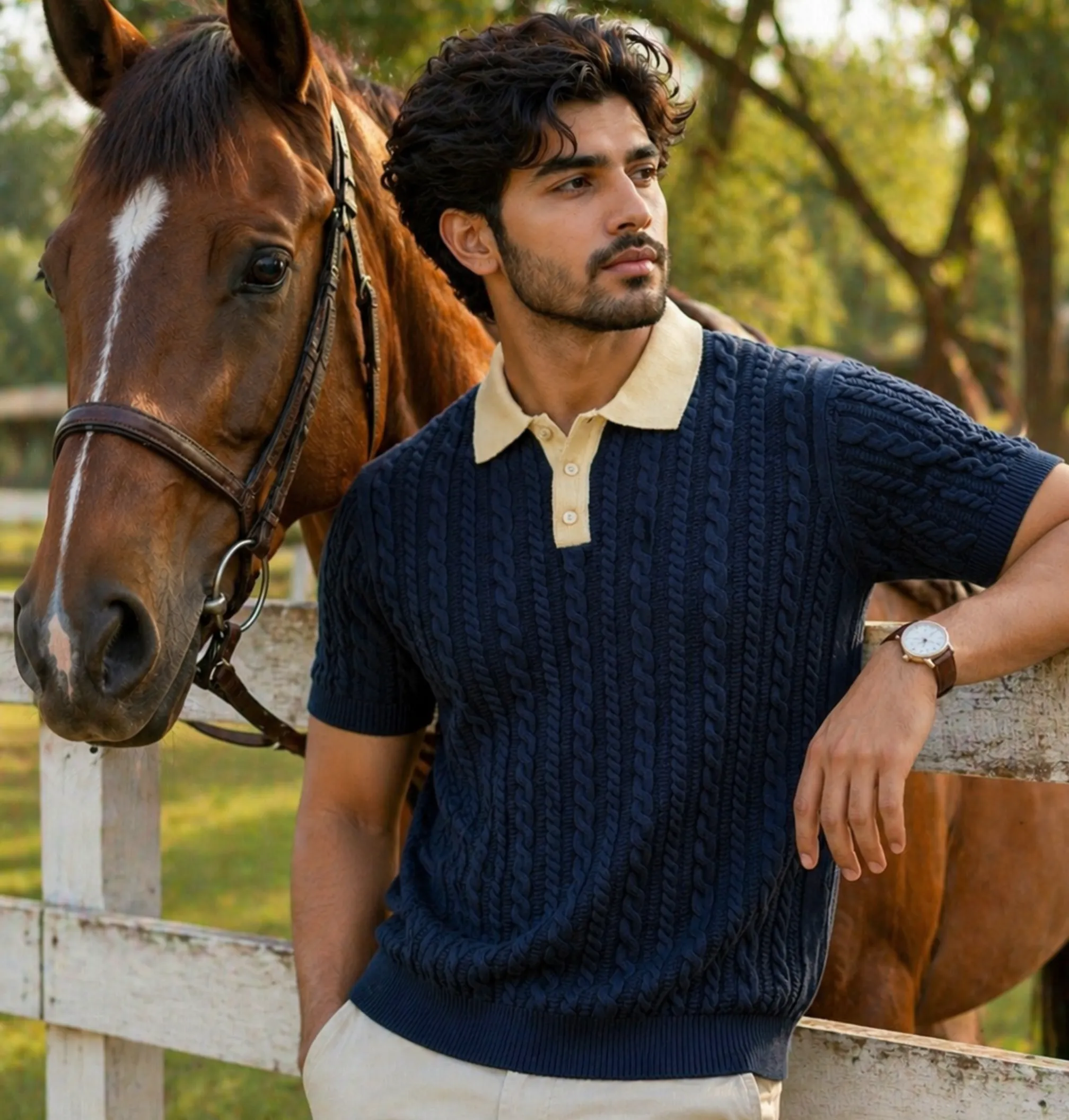 Cable Knit Polo · Navy