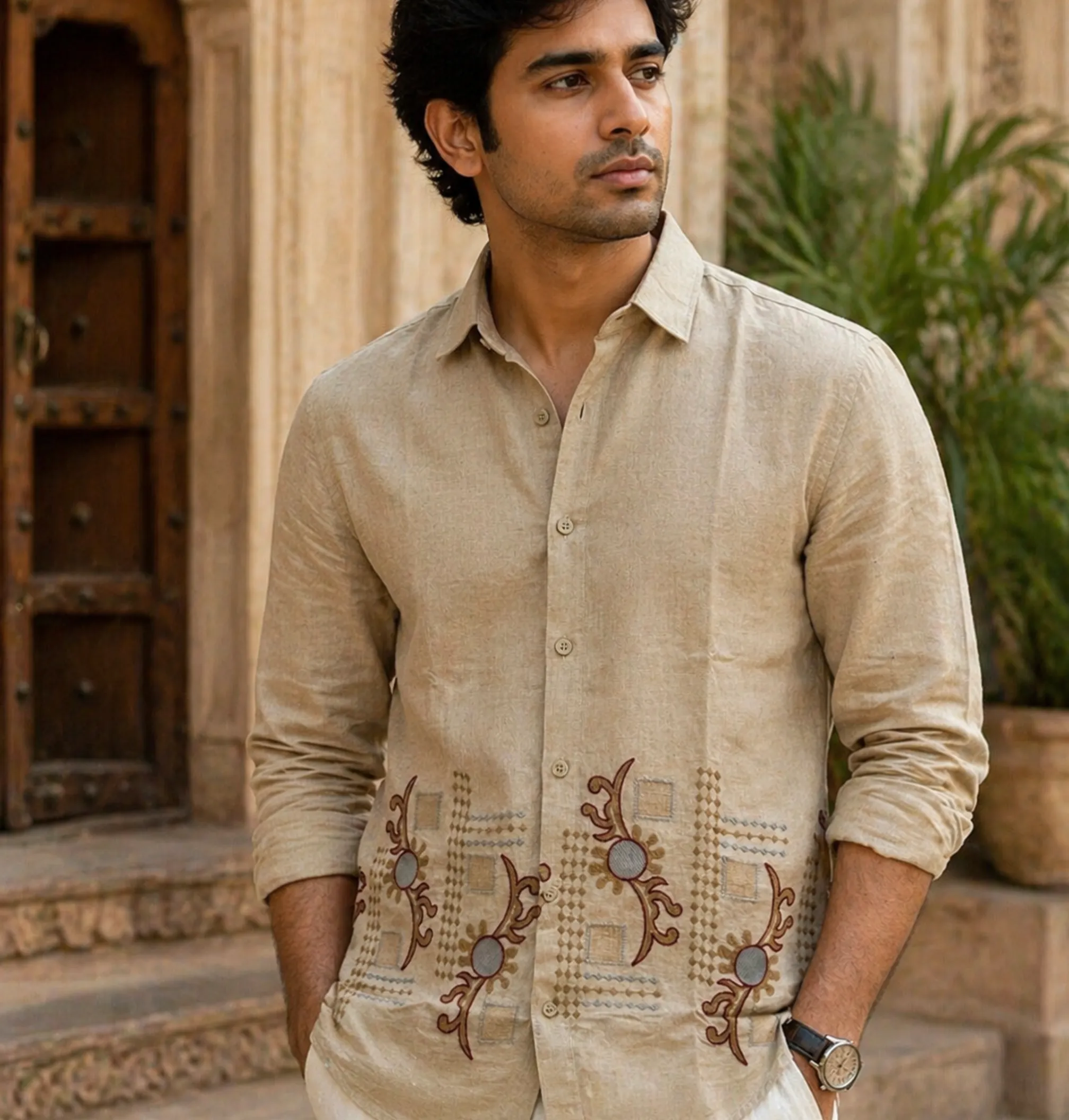 Khadi Floral Shirt · Beige