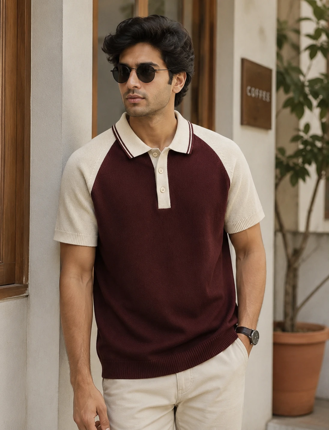 Raglan Knit Polo · Maroon