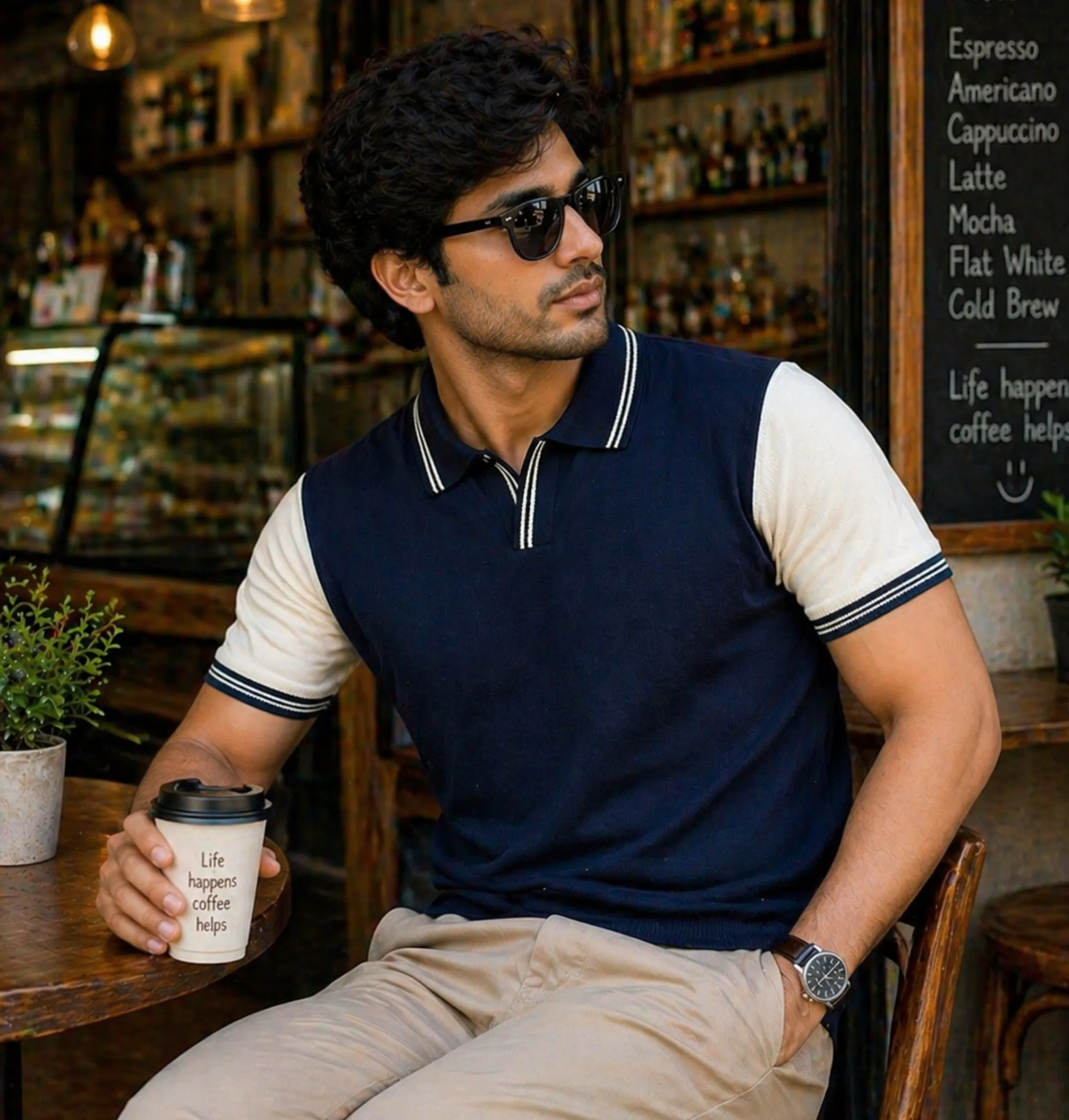 Ribbed Trim Polo · Navy