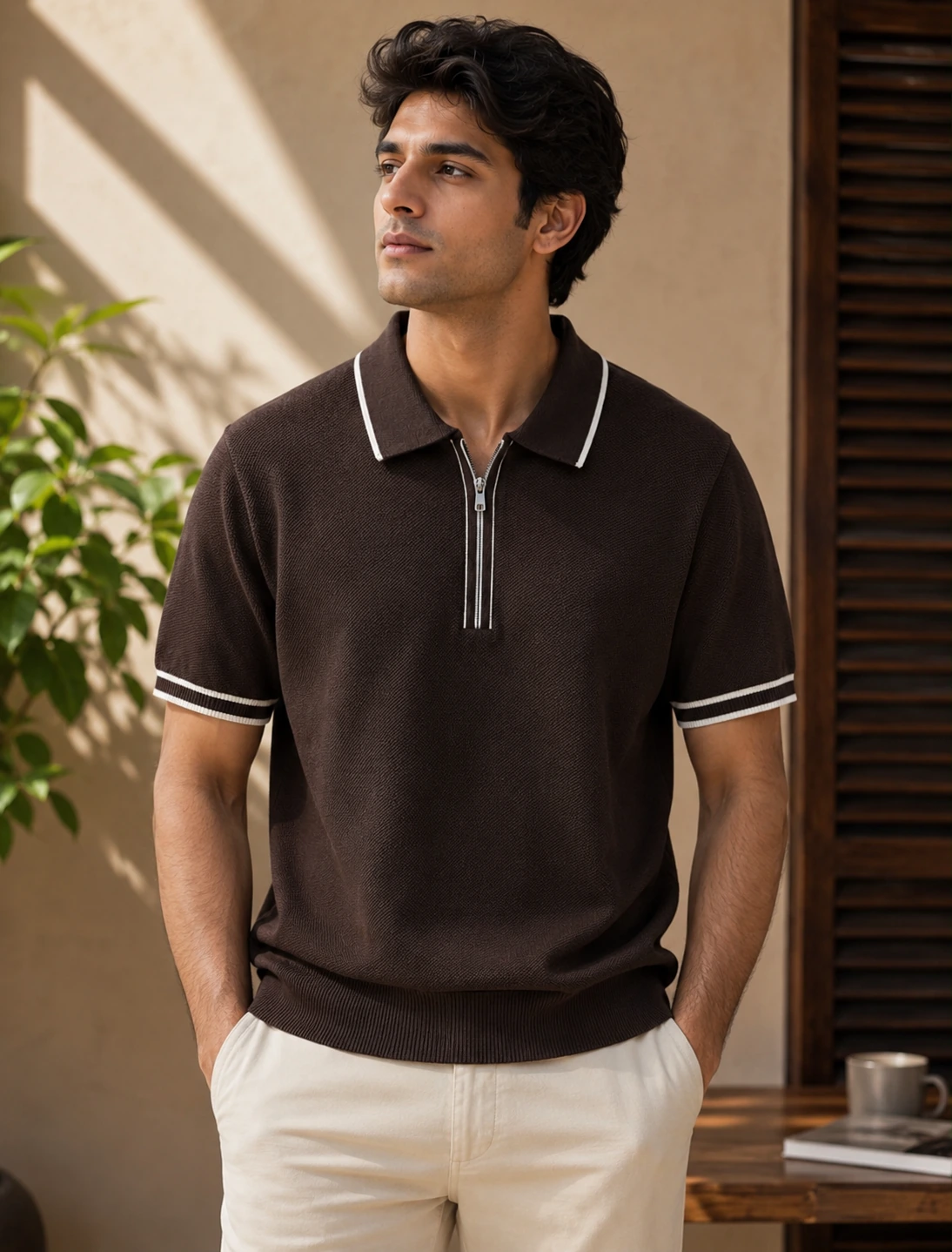 Zip Knit Polo · Brown