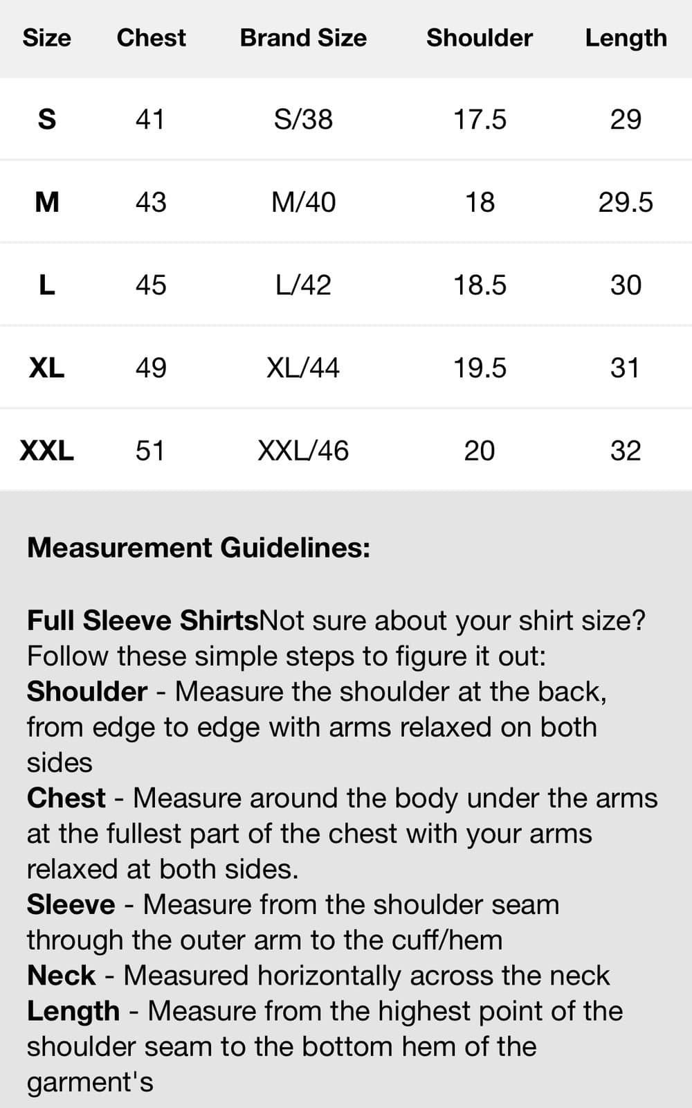 Shirts & linen size chart