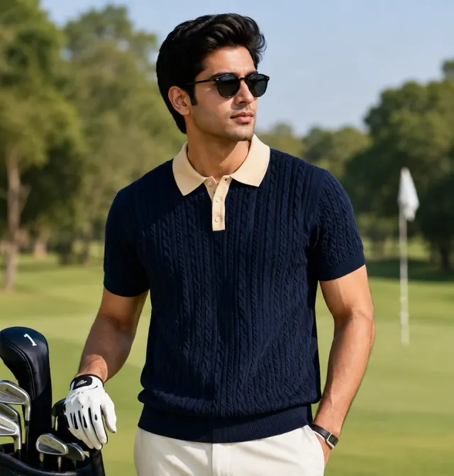 Cable Knit Polo · Navy