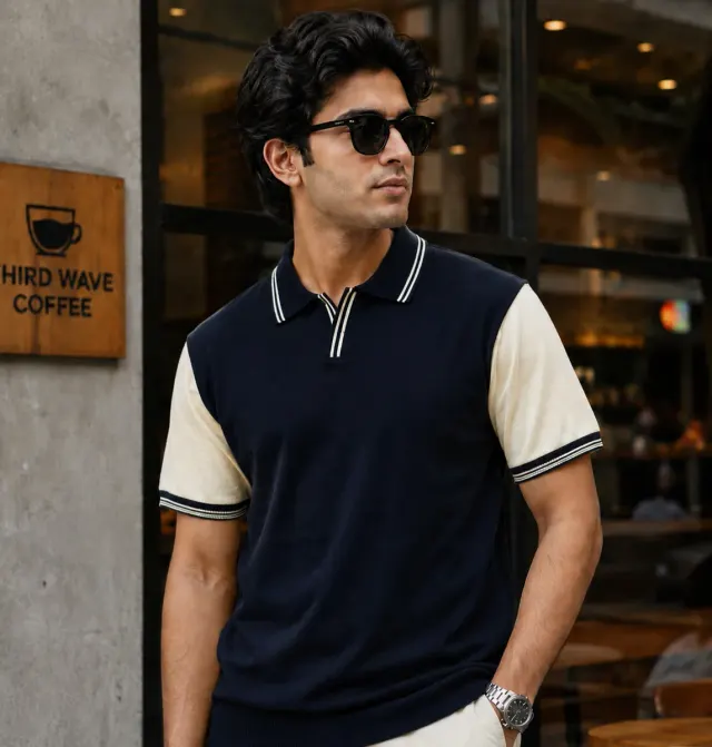 Ribbed Trim Polo · Navy