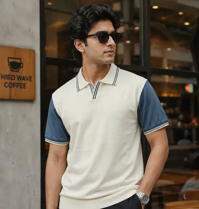 Ribbed Trim Polo · Sky