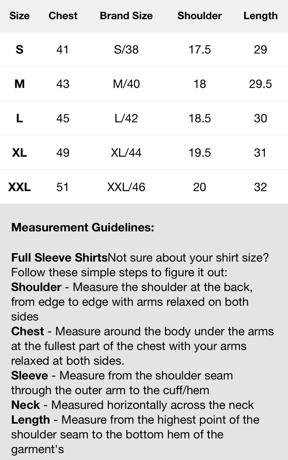 Shirts & linen size chart